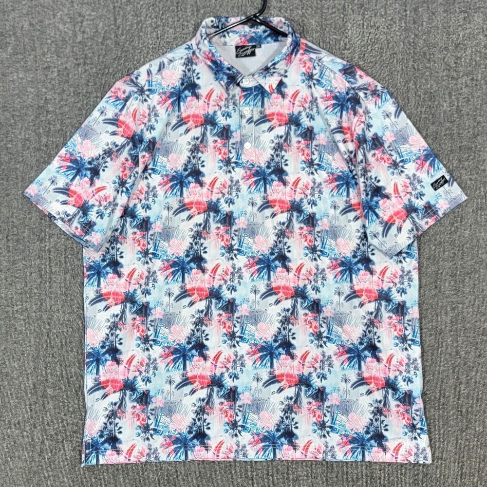 Sunday Swagger Polo Shirt Mens 2XL Blue & Pink Palm Trees Tropical Golf Vacation